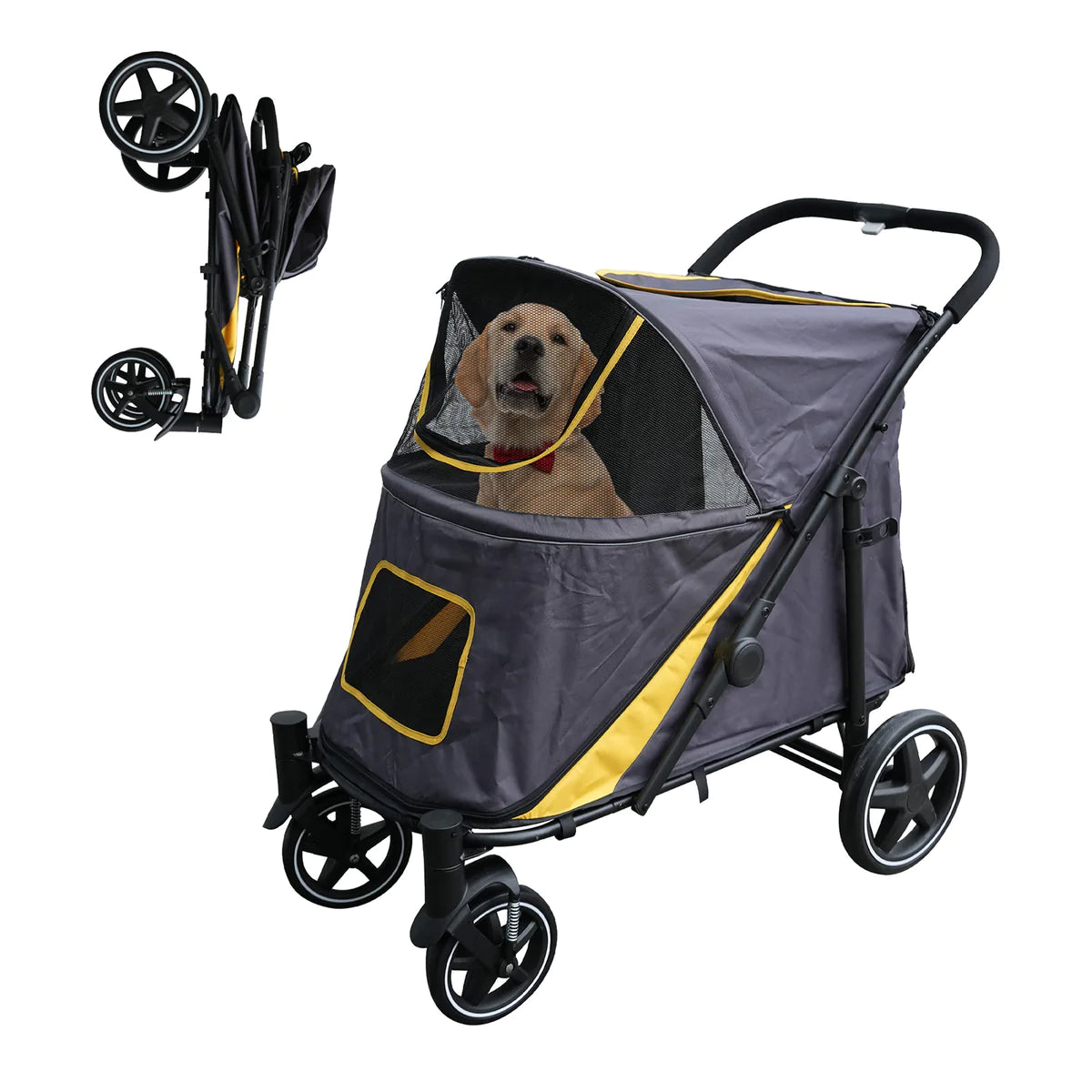 Foldable Pet Stroller Travel Carrier with Storage Pocket, Breathable Mesh, Gray and Yellow | karmasfar.us