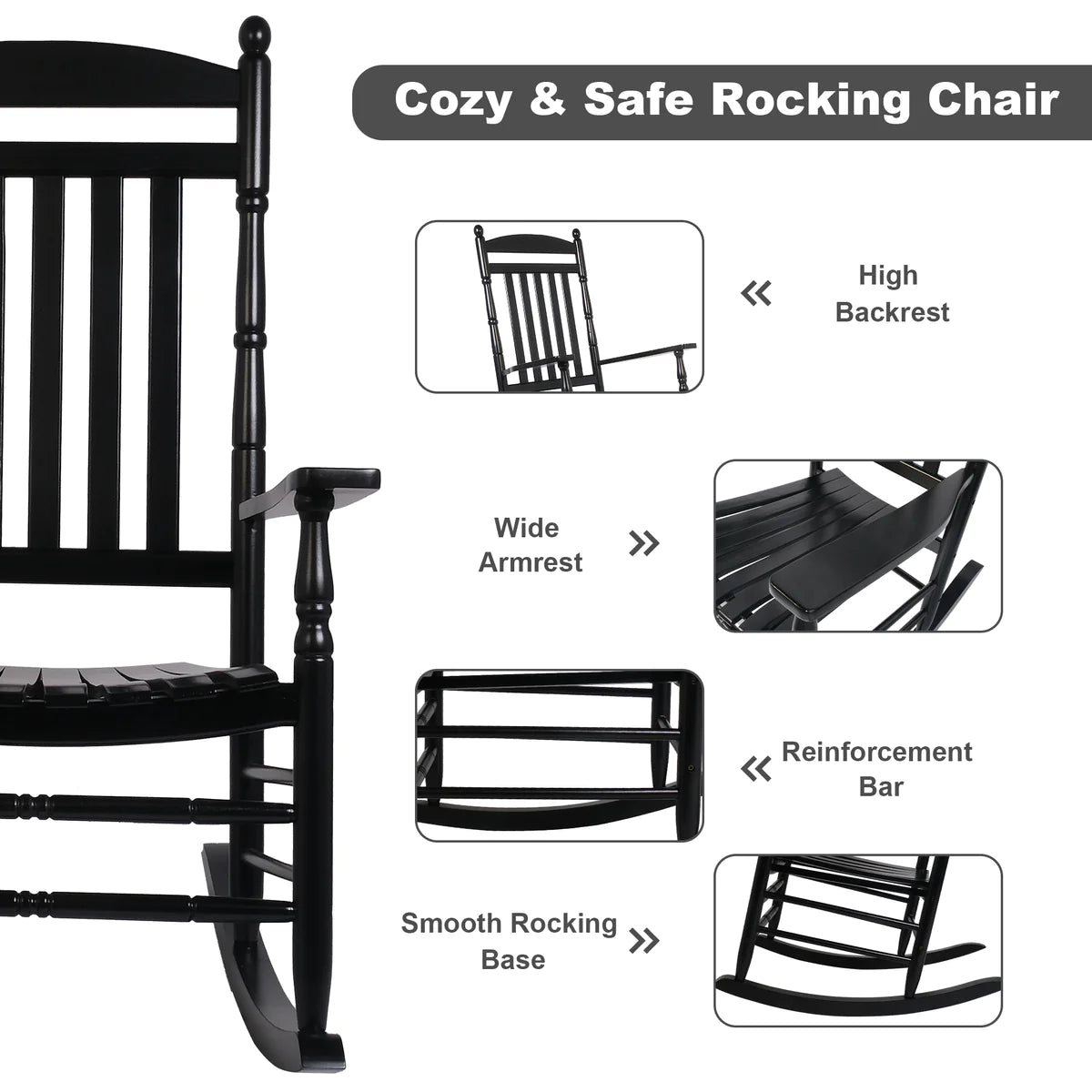 2 Sets of Outdoor Casual Wooden Rocking Chair with Armrests  High Back