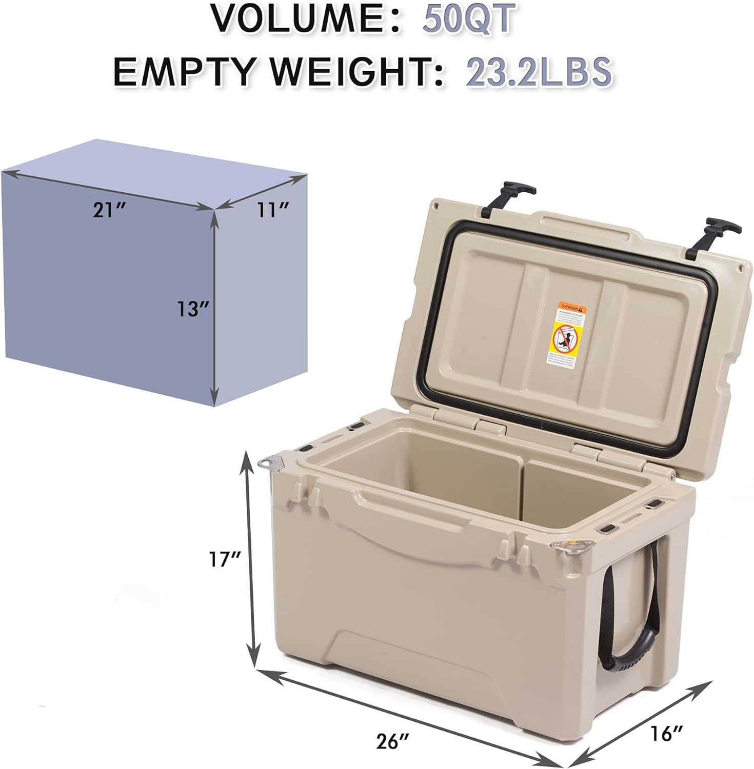 Rotomolded Cooler, 50QT Tan Cooler with Built-in Cup Holder, Bottle Openers, and Fish Ruler