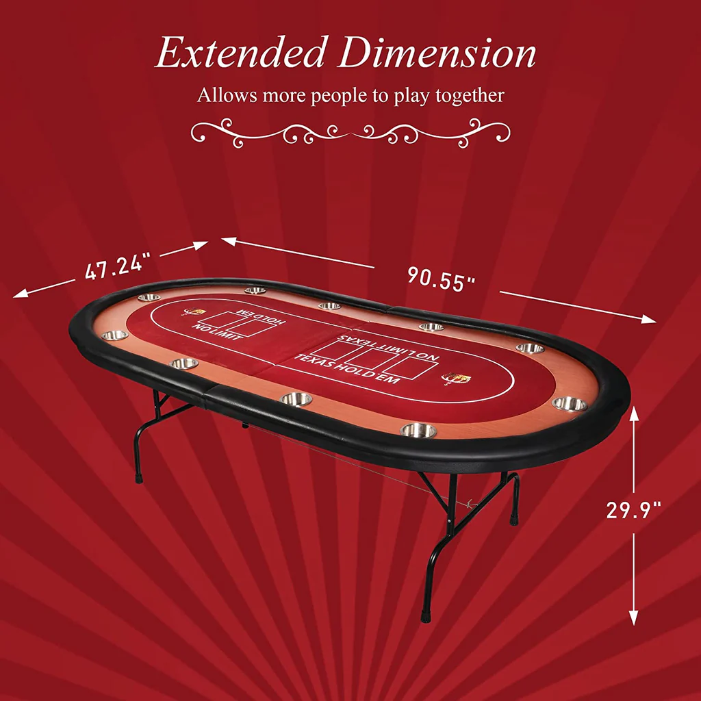 10 Players Poker Table Foldable Large Casino Table Texas Holdem Red Felt Surface