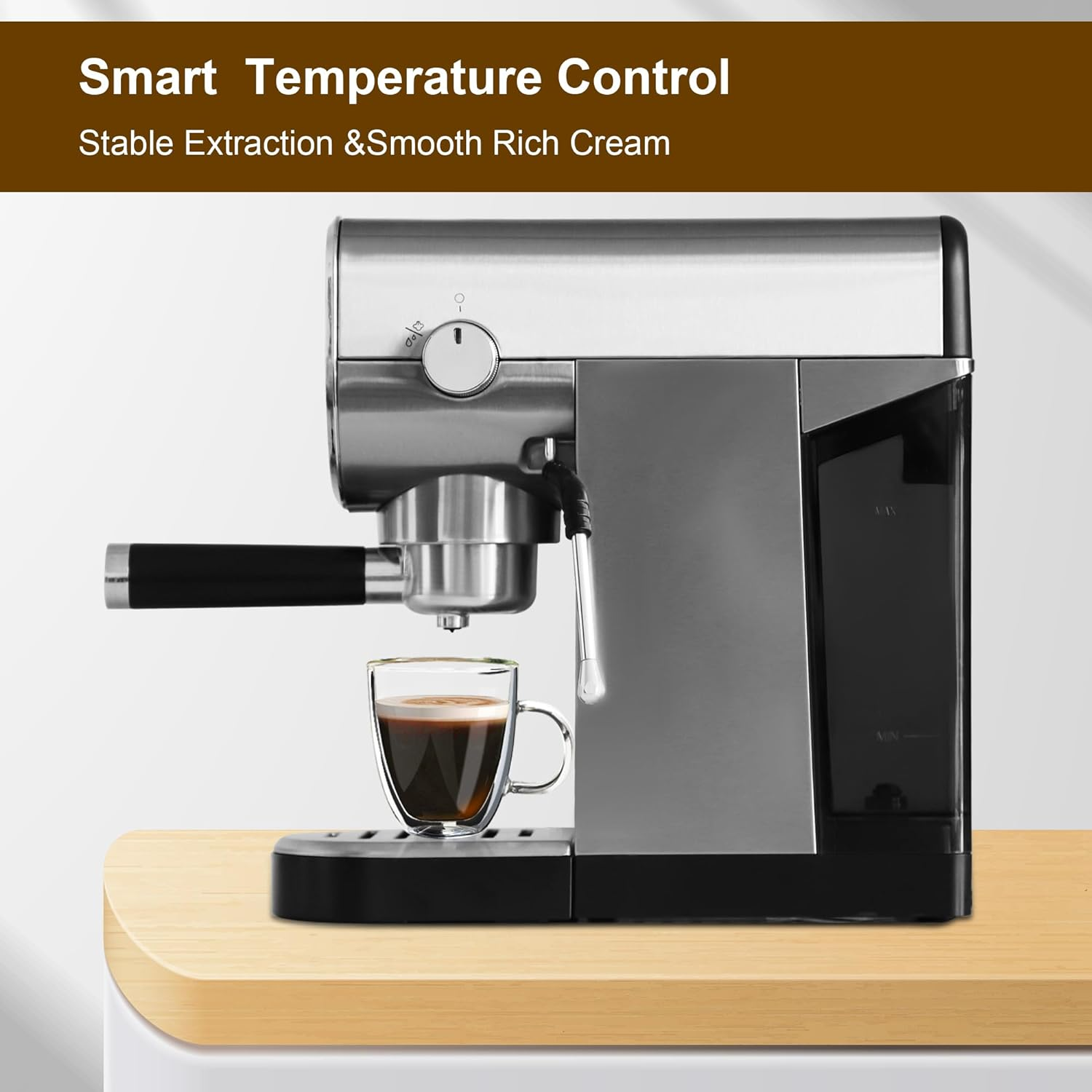 Manual Coffee Maker with Milk Frother Steam Wand, Compact Espresso Coffee Machine，Stainless Steel, 1250W