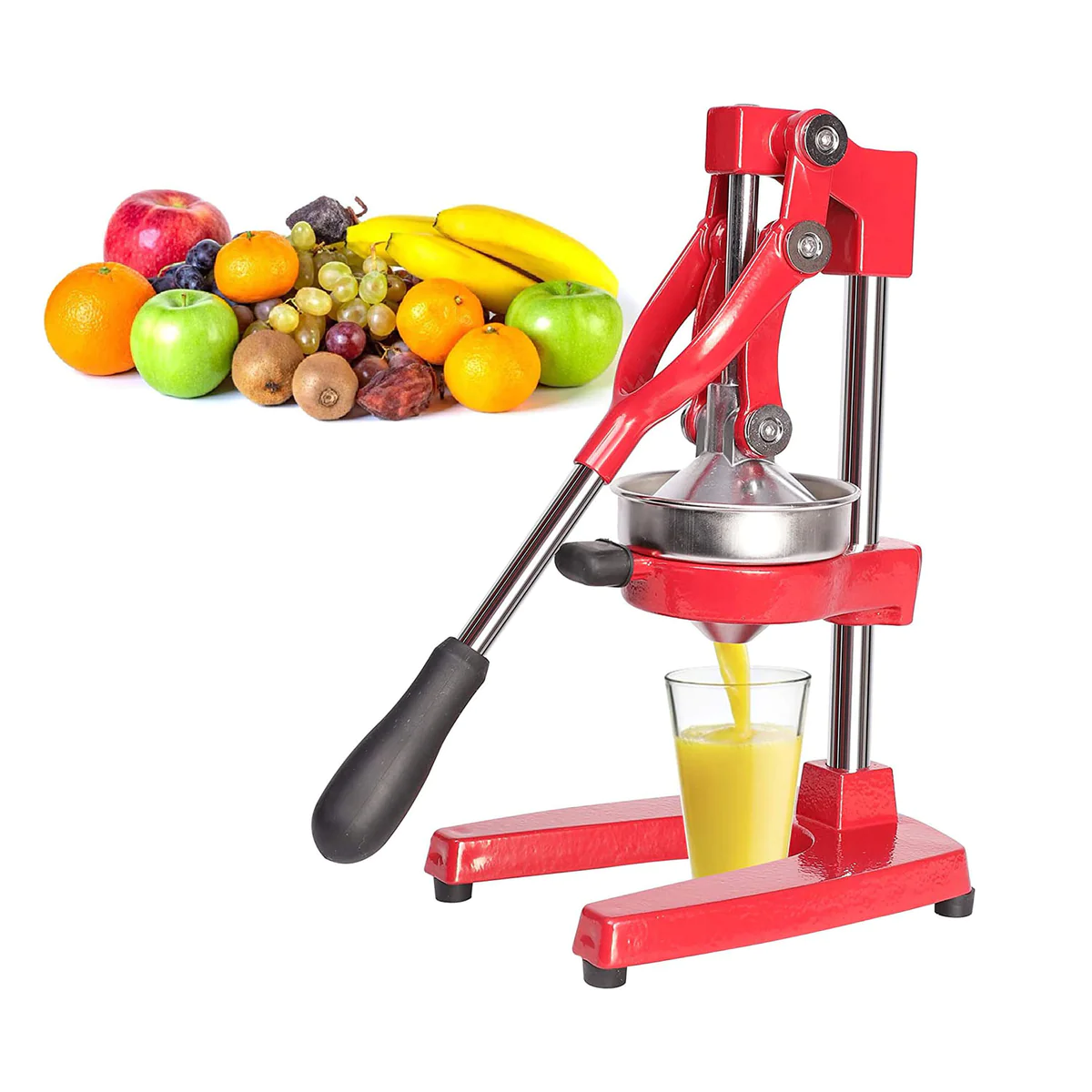 Manual Stainless Steel Citrus Juicer Squeezer with Cast Iron Base and Handle, Red