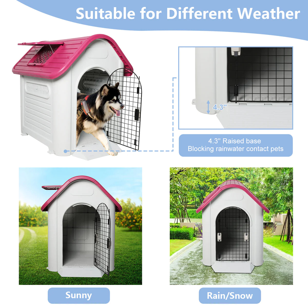 Outdoor Dog Houses Plastic Kennel with Mesh Iron Door and Air Vents, Red Proof