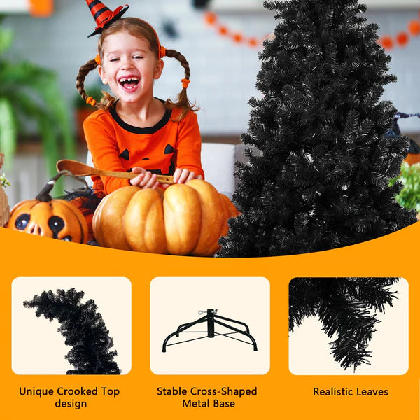 6.9' Artificial Christmas Tree Halloween Tree with 1050 Branch Tips, Crooked Top, Black