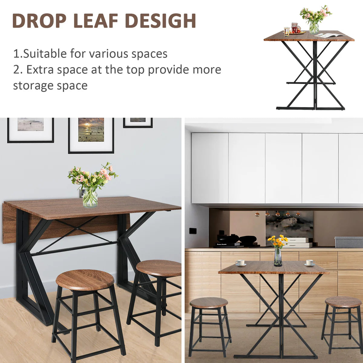 Drop Leaf Dining Table Set for Small Space, 35.4  Drop Leaf Table with 2 Stools