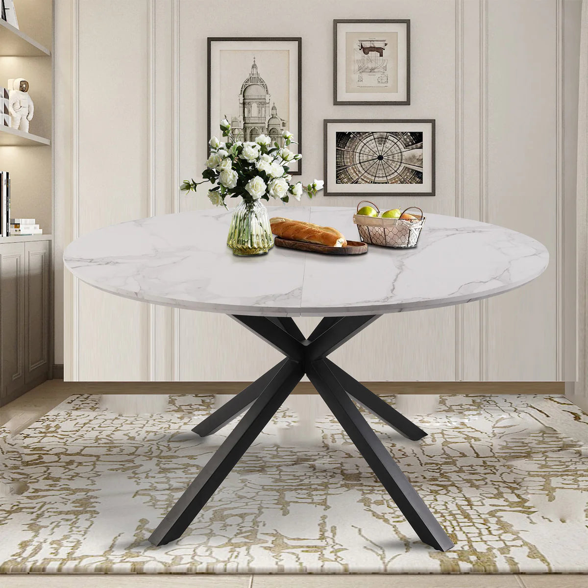 53  Round Mid-Century Modern Wooden Kitchen Dining Table for 4-6 with Solid Metal Leg, Marble Texture