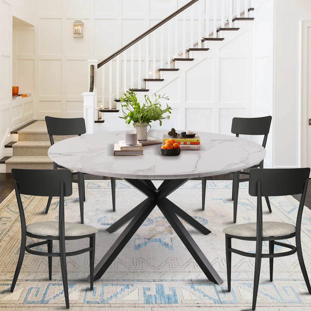 53  Round Mid-Century Modern Wooden Kitchen Dining Table for 4-6 with Solid Metal Leg, Marble Texture