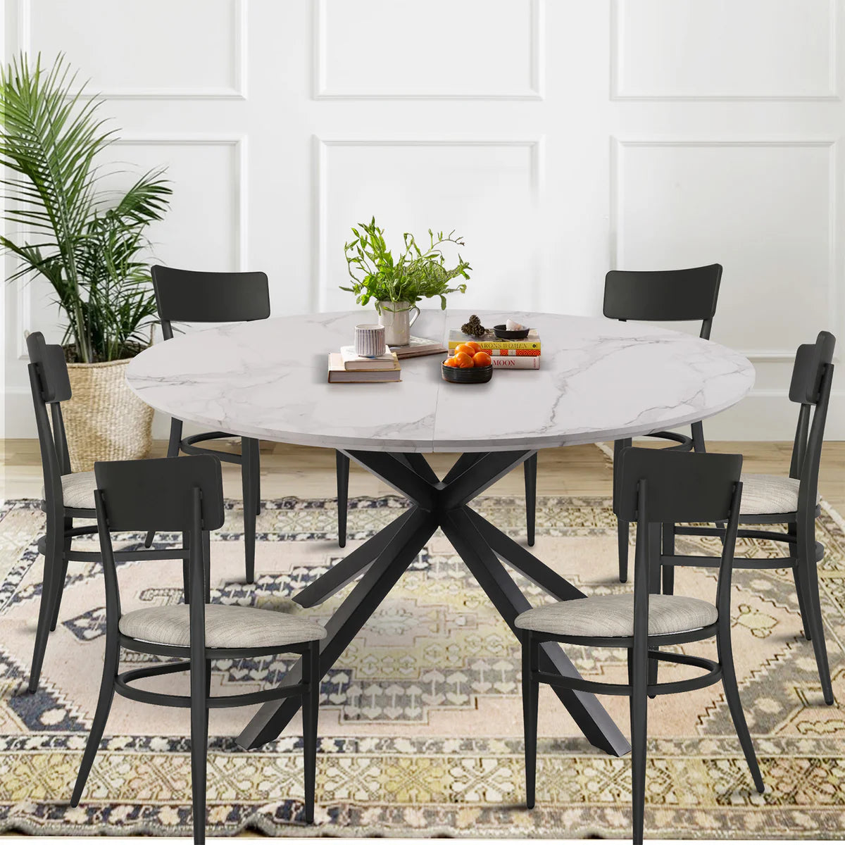 53  Round Mid-Century Modern Wooden Kitchen Dining Table for 4-6 with Solid Metal Leg, Marble Texture