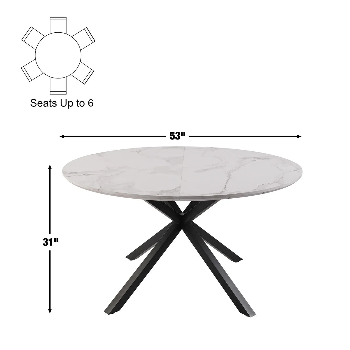 53  Round Mid-Century Modern Wooden Kitchen Dining Table for 4-6 with Solid Metal Leg, Marble Texture