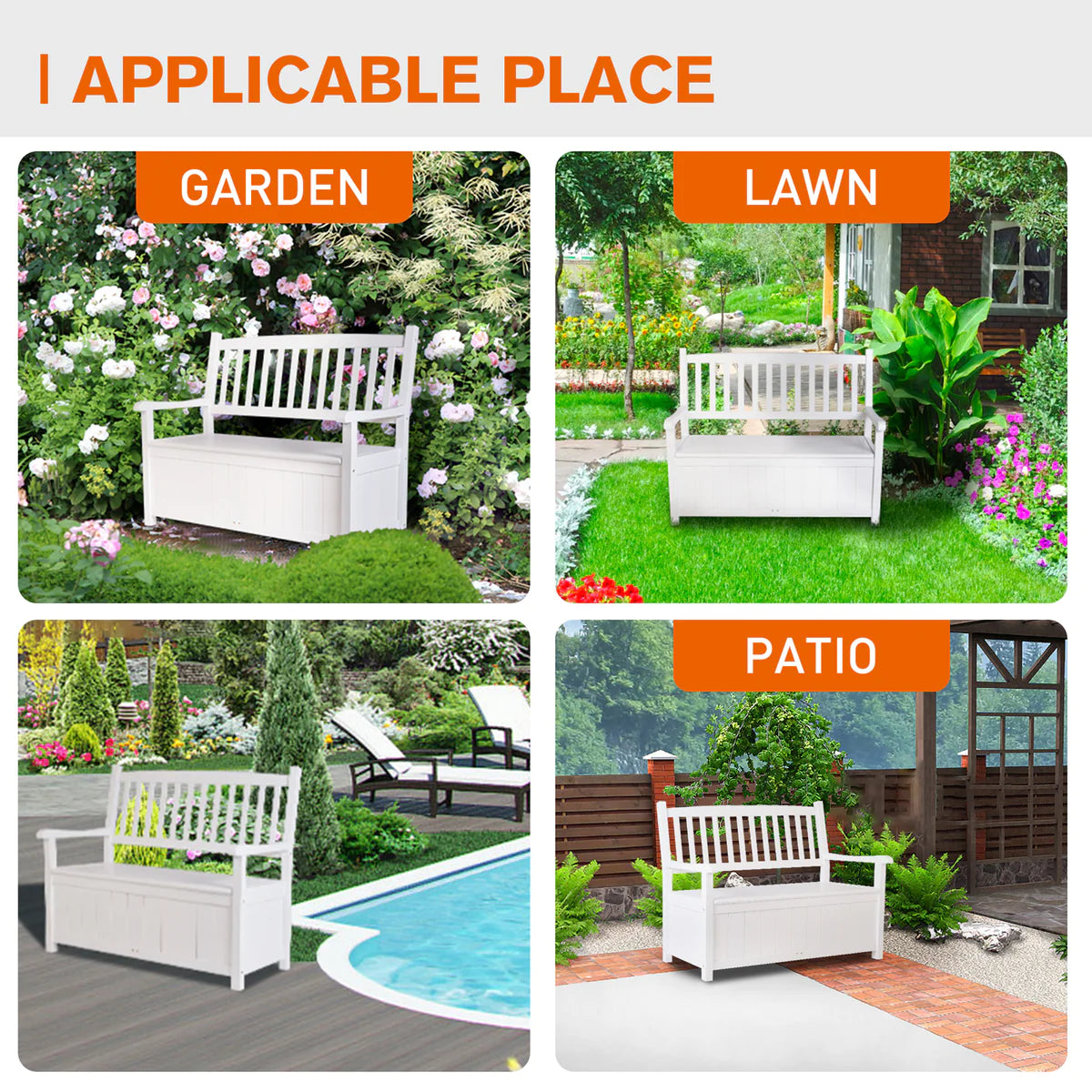 Outdoor Garden Chair with Storage Box  for 2-3 People, White