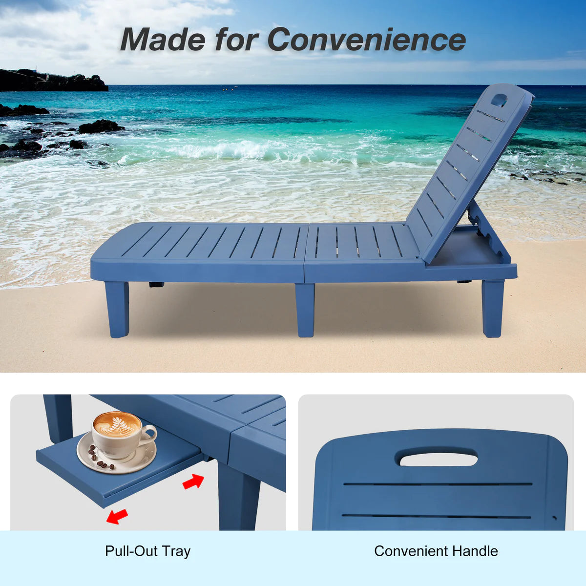 Outdoor Beach Chairs Lounge Chairs with Adjustable Backs, Blue