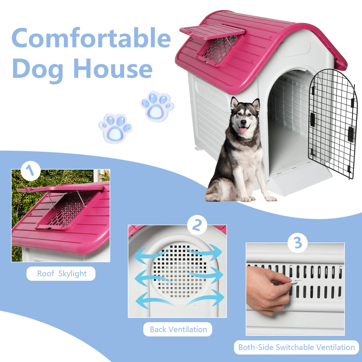 Outdoor Dog Houses Plastic Kennel with Mesh Iron Door and Air Vents, Red Proof