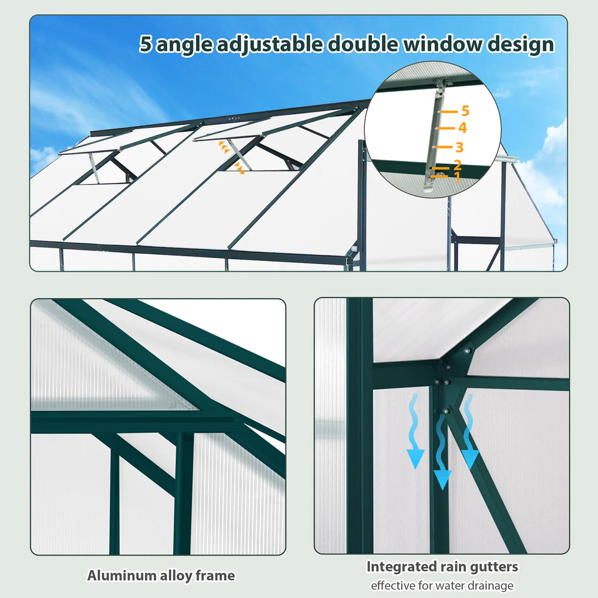 10x6 ft Walk-in Outdoor Greenhouse with Sliding Door, Vent Window, Rain Gutter