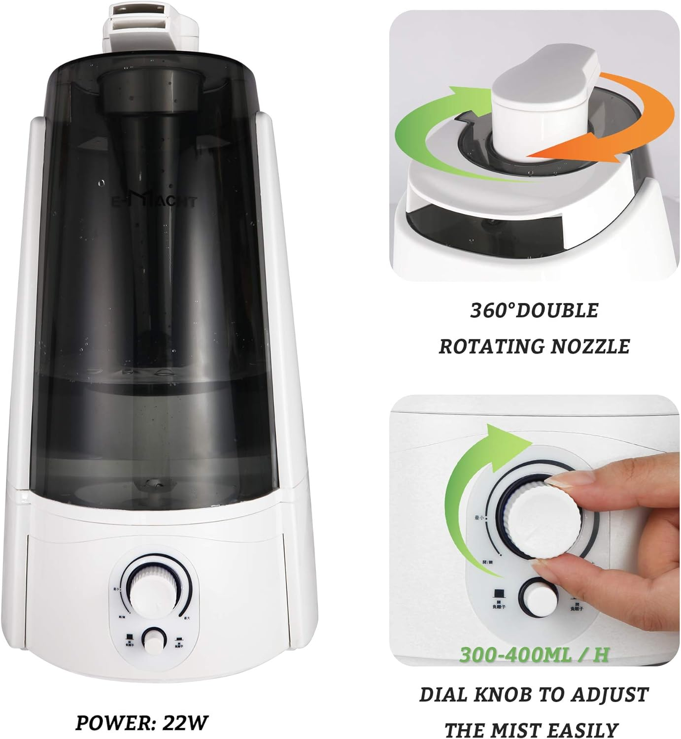 Quiet Ultrasonic Cool Mist Humidifier 5L w/ Auto Shut-Off Adjustable Mist Output Double 360°Nozzle Negative Ion, Black