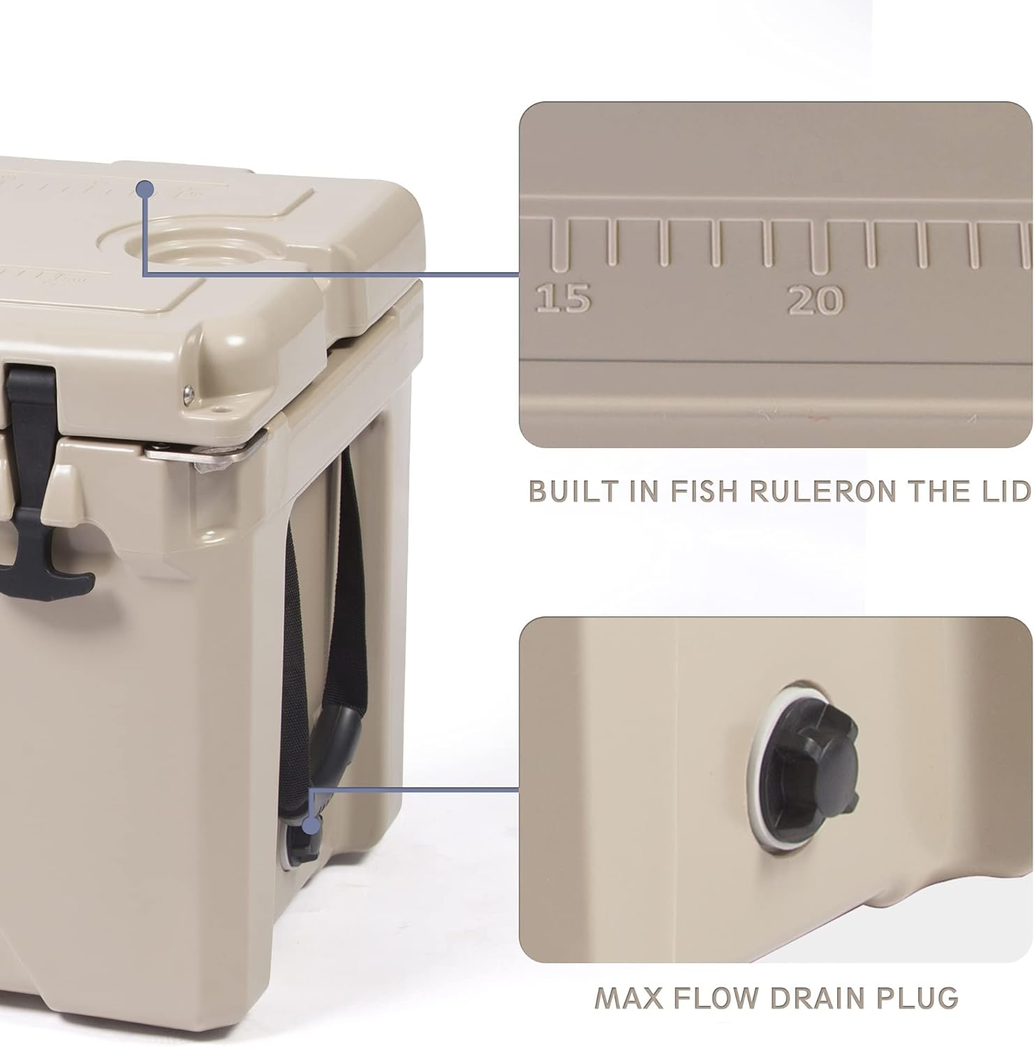 Rotomolded Cooler, 50QT Tan Cooler with Built-in Cup Holder, Bottle Openers, and Fish Ruler