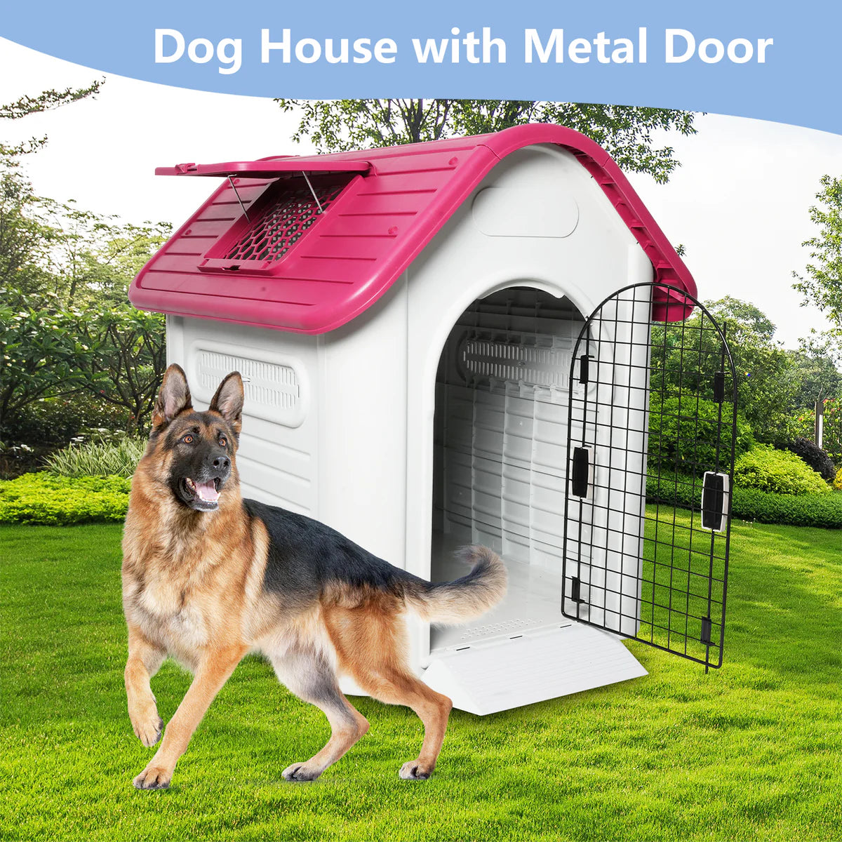 Outdoor Dog Houses Plastic Kennel with Mesh Iron Door and Air Vents, Red Proof