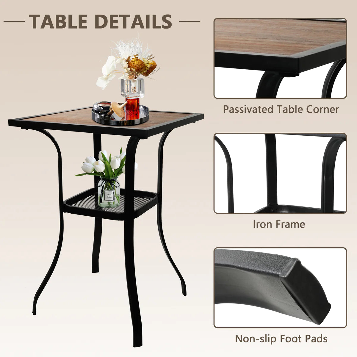 Outdoor Metal Stand Wooden Tabletop Square Double Deck Table Coffee Table Casual Table