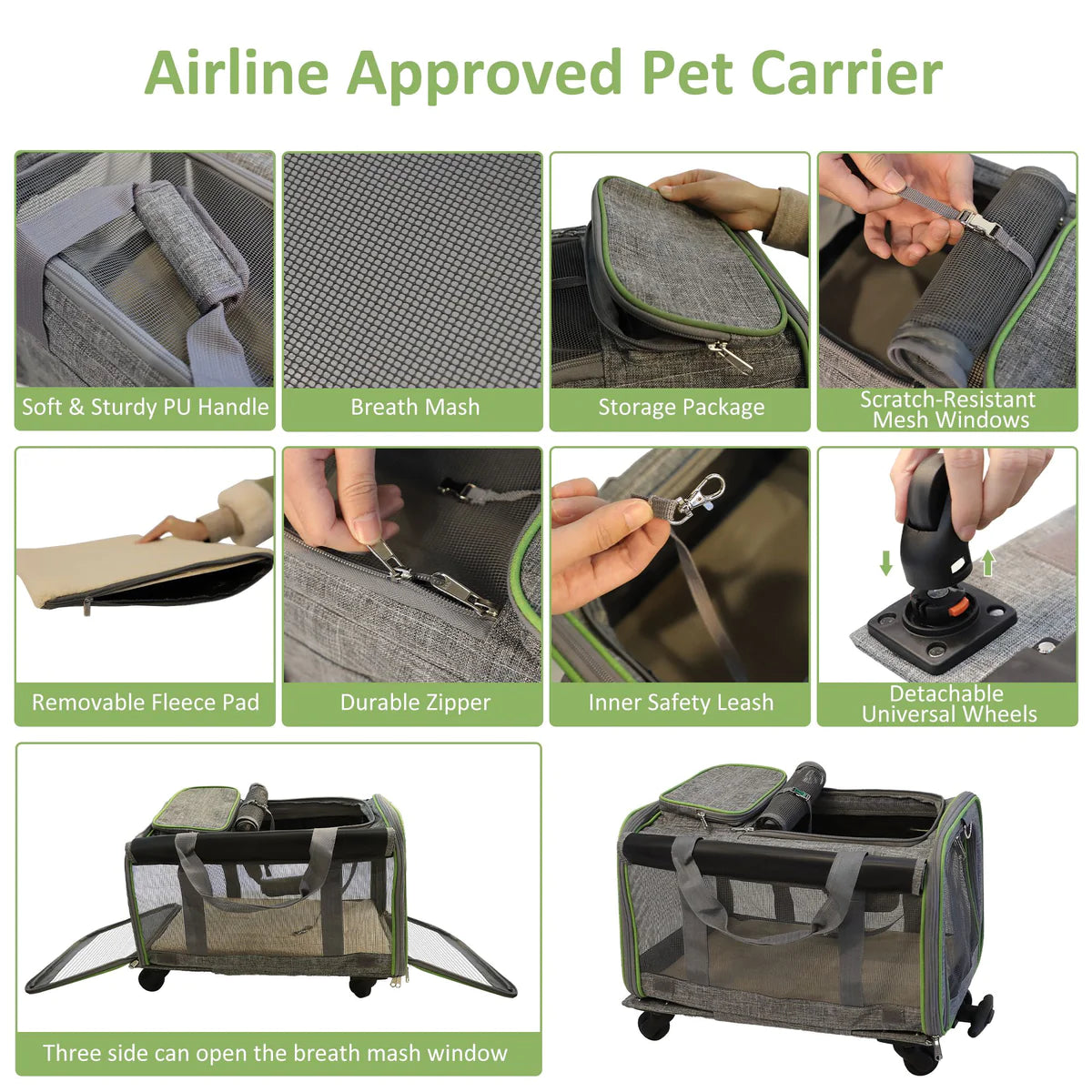 Foldable Travel Pet Carrier, retractable Pull Rod Design, Side Mesh, Breathable