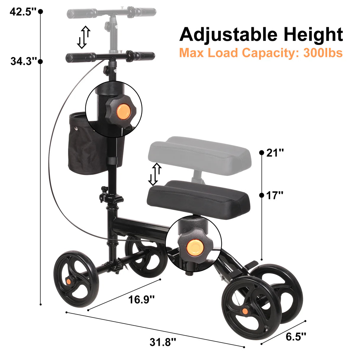 Foldable Knee Walker Adjustable Steerable Knee Scooter Suitable with Foot/Ankle Injuries, Black | karmasfar.us