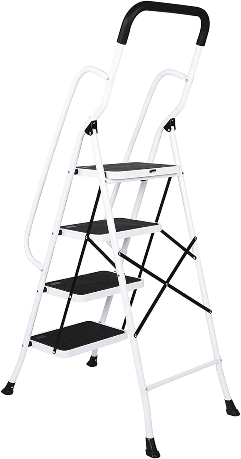 Folding 4 Step Ladder with Handrails for Home Kitchen,Anti-Slip Safty Steel Step Stool 300LB