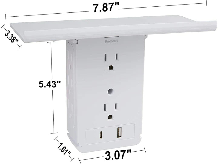 Socket Shelf Outlet 2 Pack Surge Protector Extender Wall plug with USB A+C Ports(3.4A Total), 8 AC Outlets