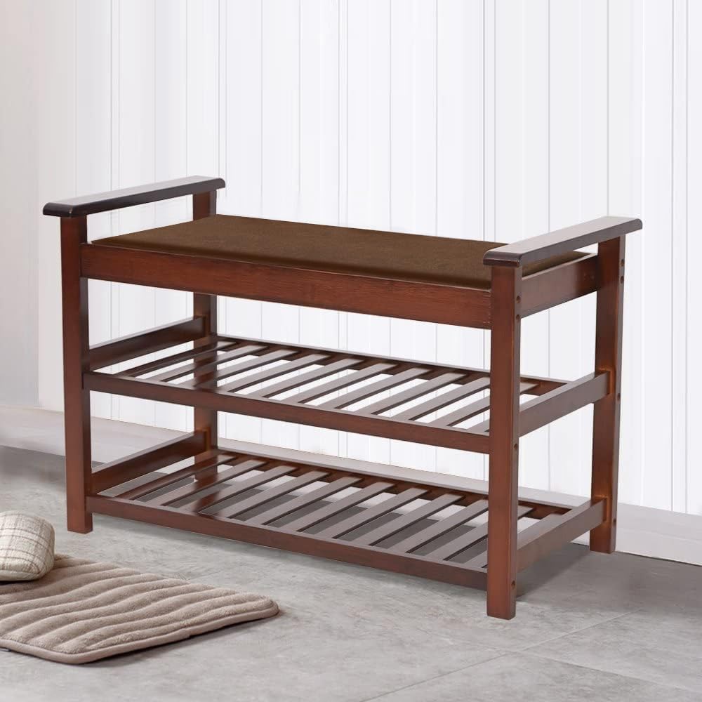 2-Tier Shoe Rack Bench with Cushion Shoe Storage Sturdy Bamboo Seat