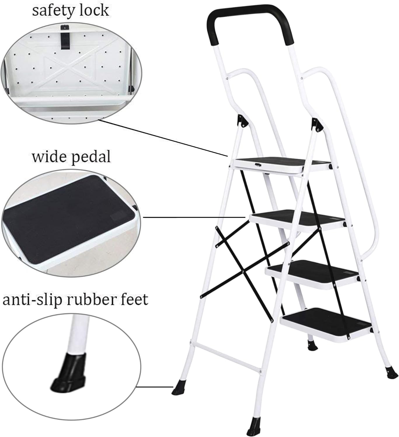 Folding 4 Step Ladder with Handrails for Home Kitchen,Anti-Slip Safty Steel Step Stool 300LB