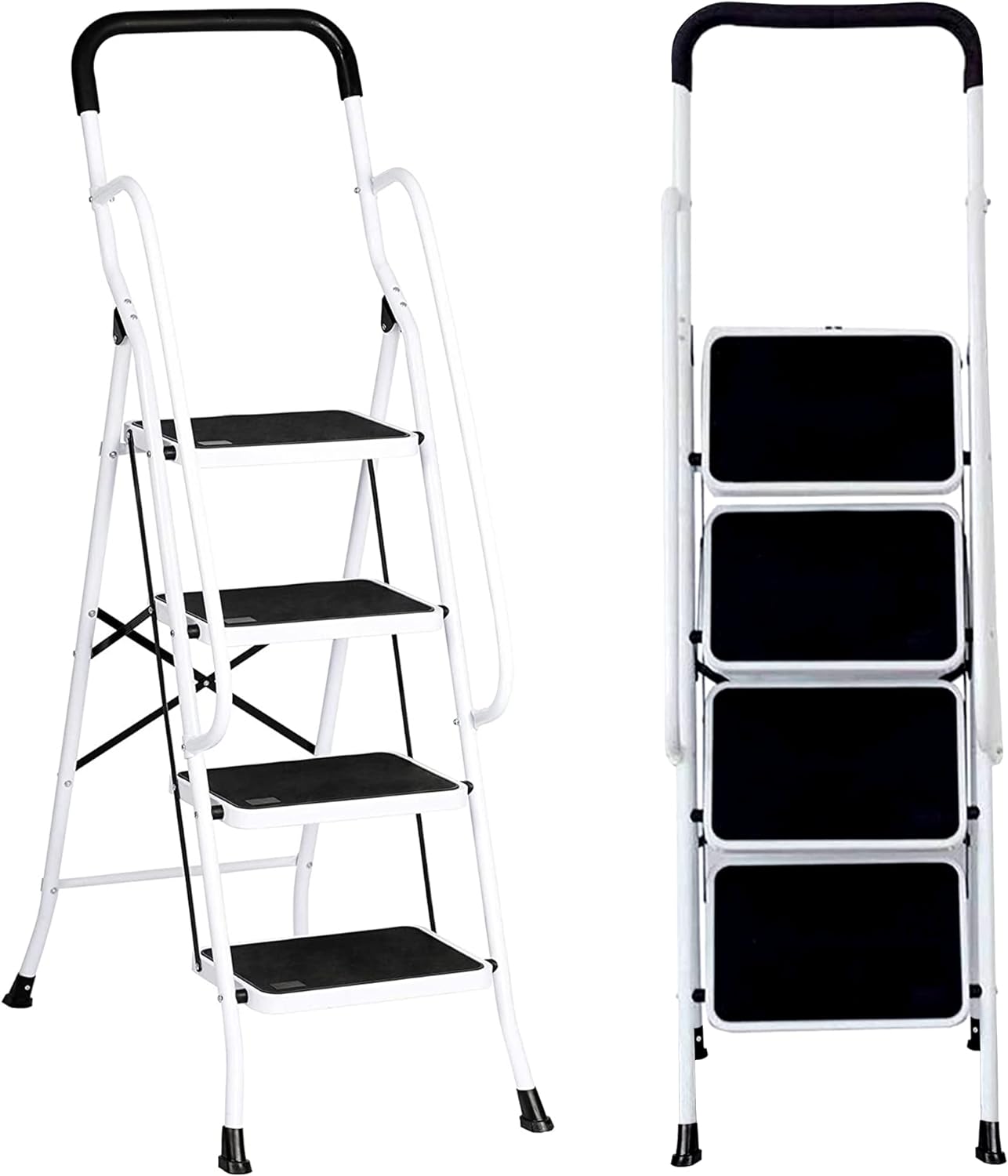 Folding 4 Step Ladder with Handrails for Home Kitchen,Anti-Slip Safty Steel Step Stool 300LB