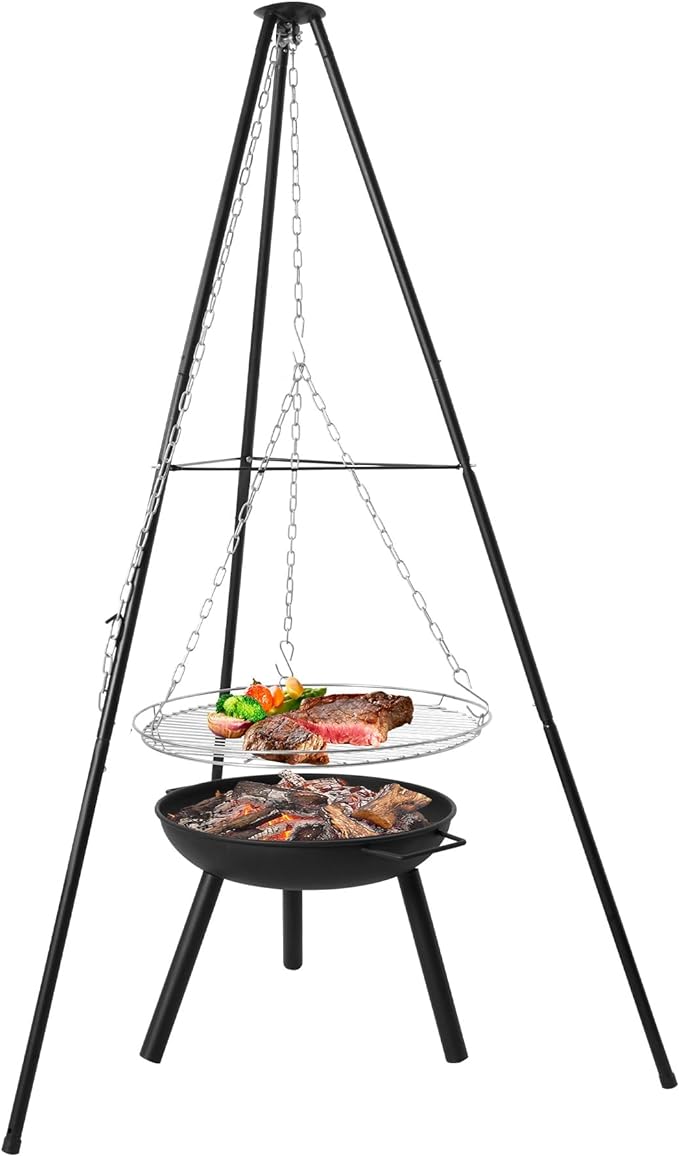 Outdoor Tripod Grill Fire Pit, Adjustable Cooking Tripod with Round Grill Grate