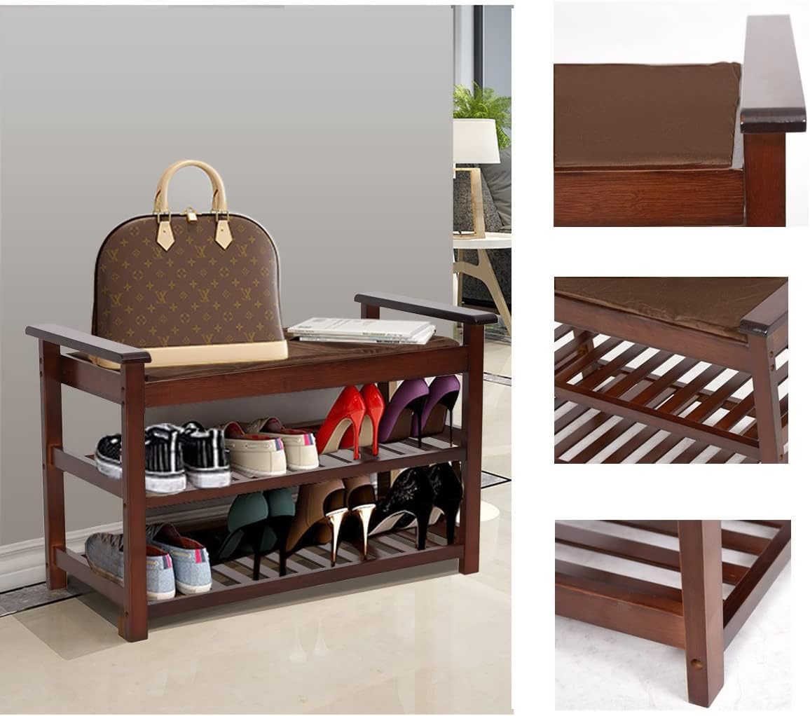 2-Tier Shoe Rack Bench with Cushion Shoe Storage Sturdy Bamboo Seat