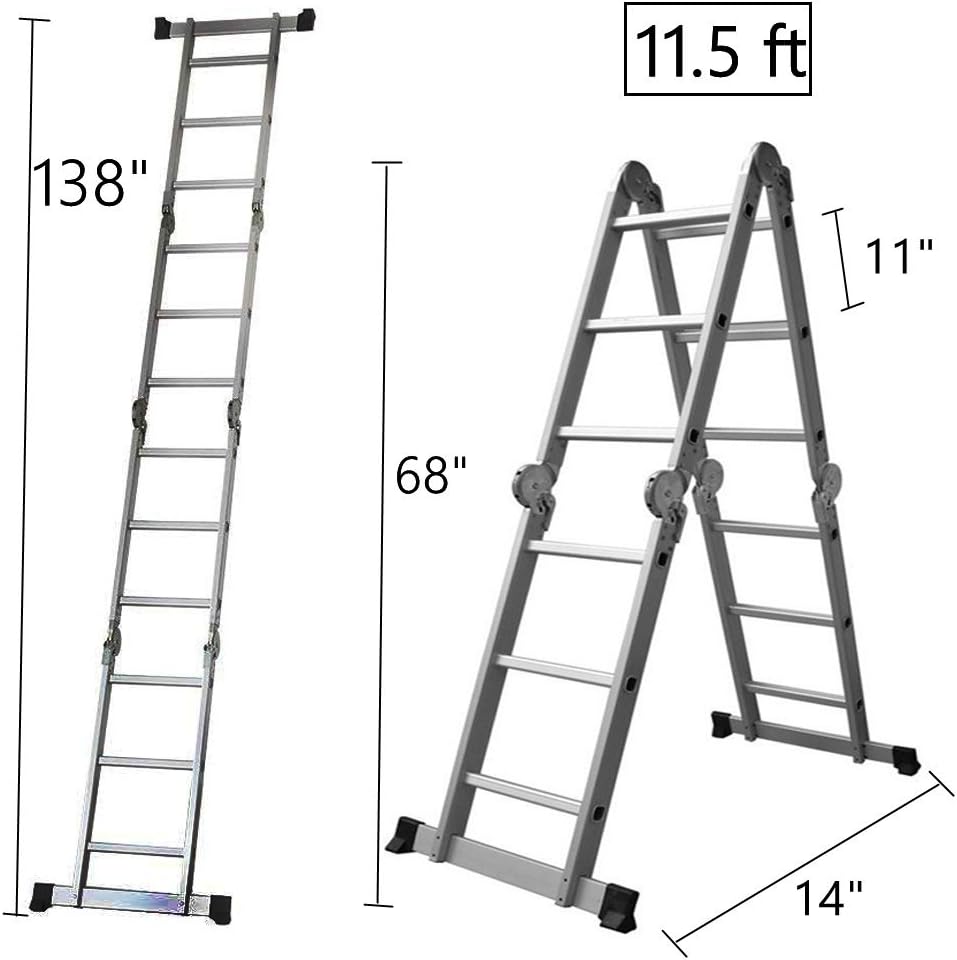 11.5 Feet Folding Multi-Ladder 12 Step Aluminum Extendable Ladder Scaffold Ladders, 330lbs Capacity