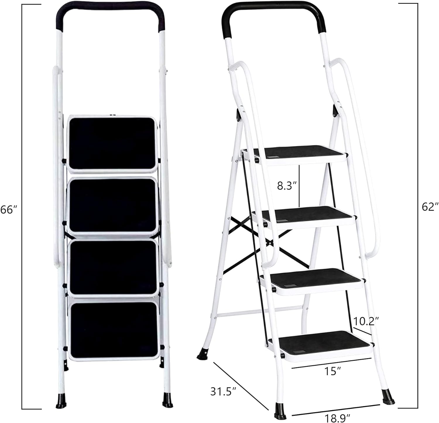 Folding 4 Step Ladder with Handrails for Home Kitchen,Anti-Slip Safty Steel Step Stool 300LB