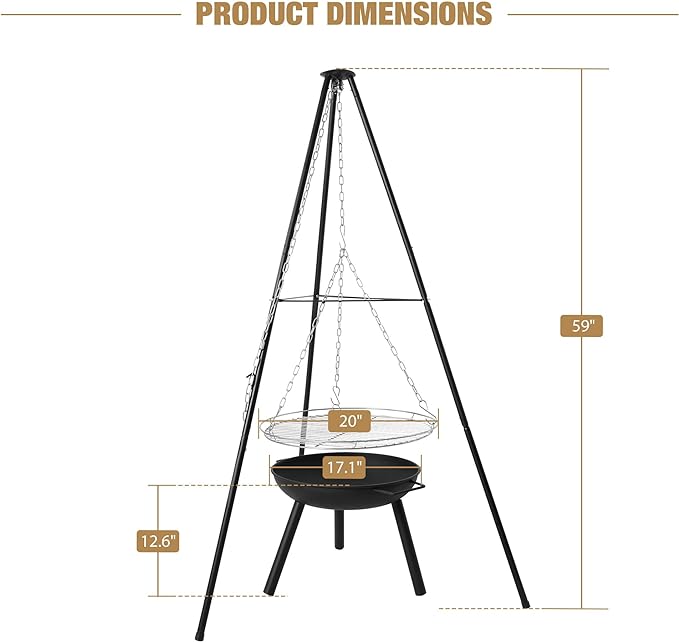 Outdoor Tripod Grill Fire Pit, Adjustable Cooking Tripod with Round Grill Grate