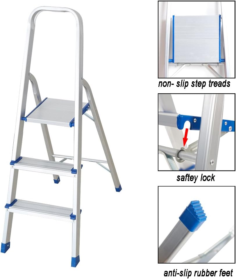 3 Step Non-Slip Aluminum Ladder Folding Platform Stool with 330 lbs Load Capacity Silver