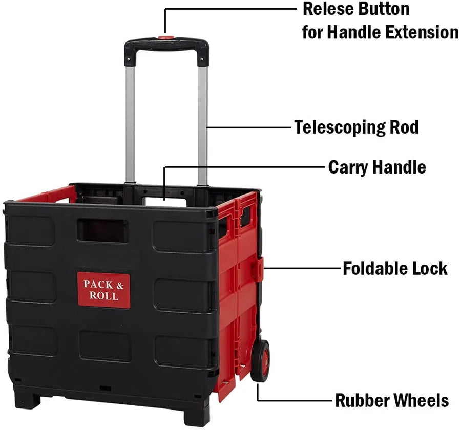 6PCS 44L Collapsible Rolling Crate Utility Cart Foldable Grocery Cart with Wheels, Red