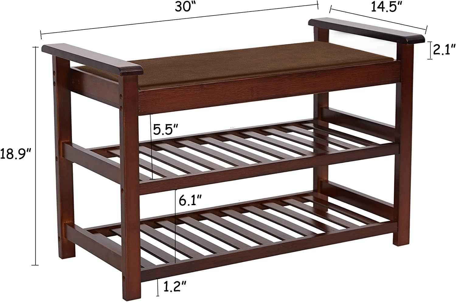 2-Tier Shoe Rack Bench with Cushion Shoe Storage Sturdy Bamboo Seat