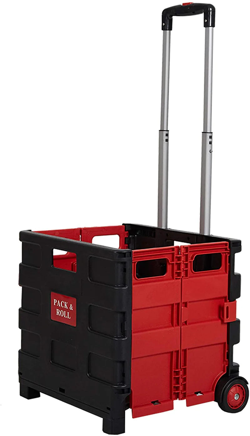 6PCS 44L Collapsible Rolling Crate Utility Cart Foldable Grocery Cart with Wheels, Red