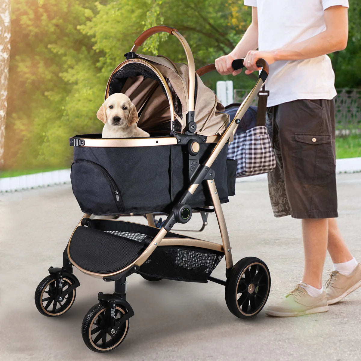 Pet Stroller for Small Dogs Cats, Stroller with Detachable Carrier, Telescopic Handle, One-Hand Quick Fold,Gold