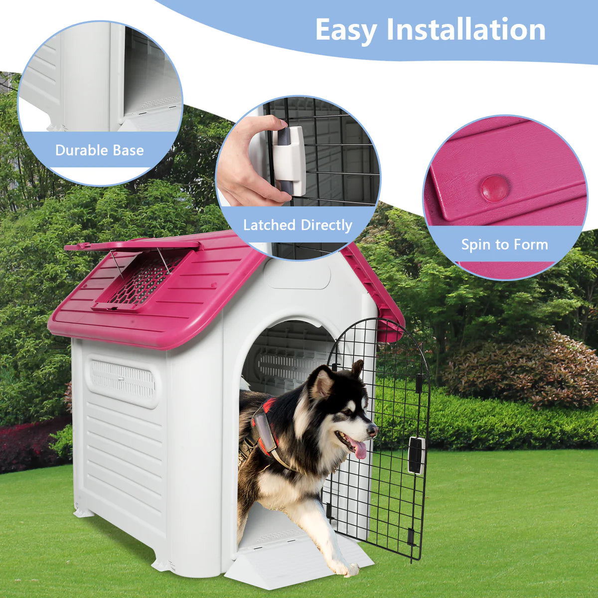 Outdoor Dog Houses Plastic Kennel with Mesh Iron Door and Air Vents, Red Proof