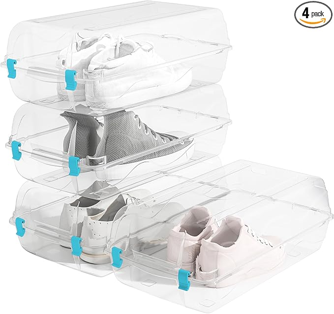 4 Pack Shoe Storage Box, Clear Plastic Stackable Shoe Boxes for Closet, Shoe Storage Organizer