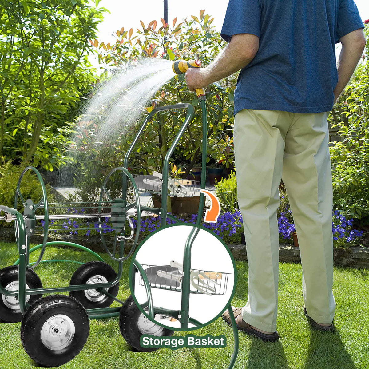 Portable Garden Hose Reel Cart with Wheels with Storage Basket Rust Resistant Water Hose Holder | karmasfar.us
