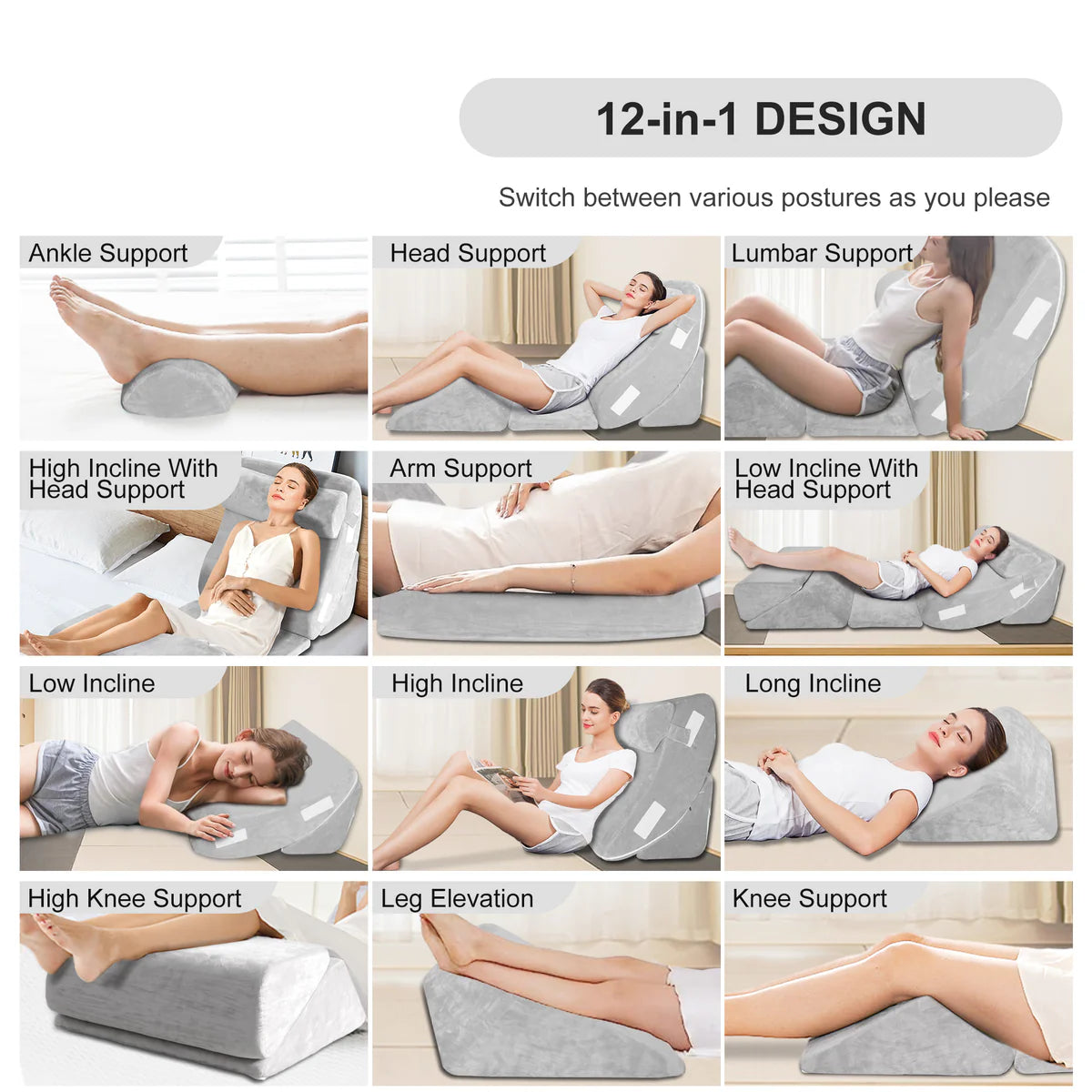 6PCS Bed Wedge Pillow Set,Adjustable Memory Foam Pillow Wedge for Back Neck Leg Pain Relief