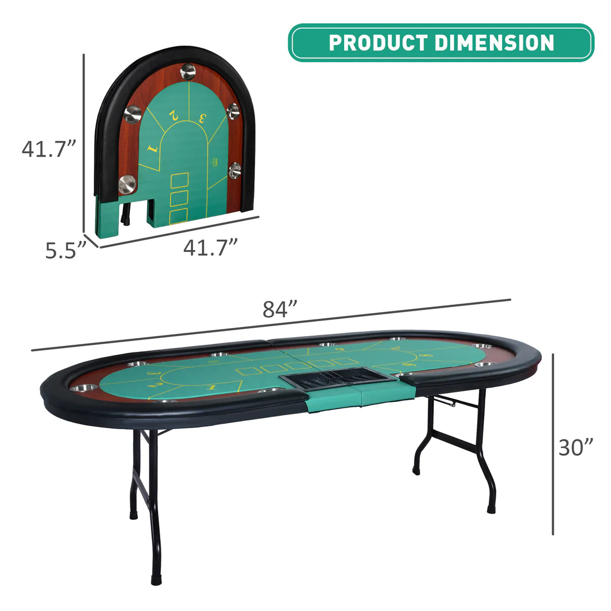 84  Folding Poker Table 10 Player Card Table with 10 Cup Holder for Texas Casino