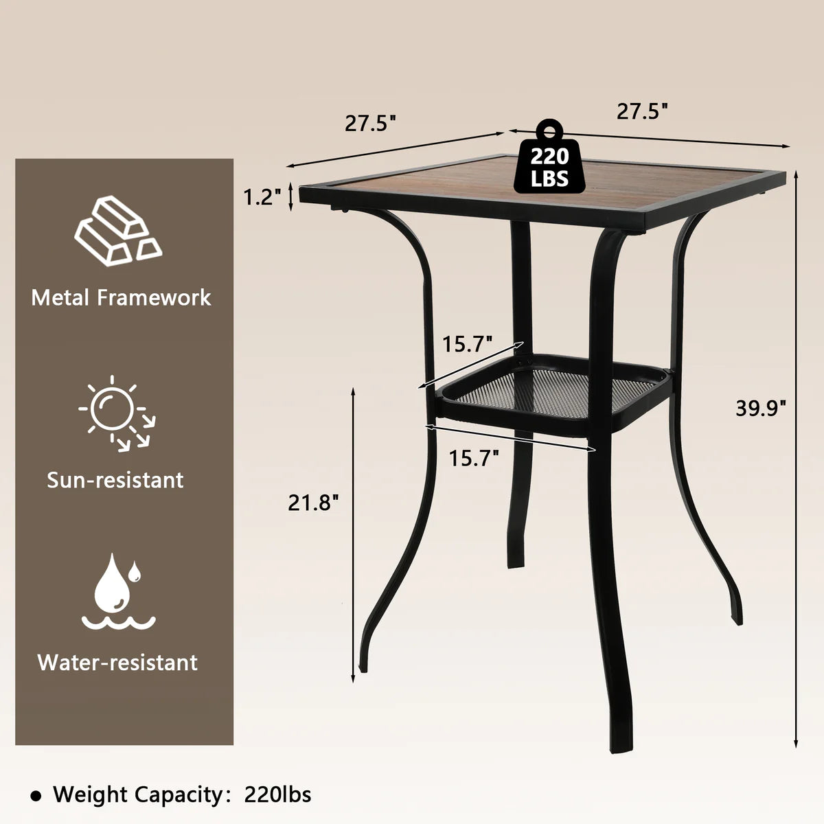 Outdoor Metal Stand Wooden Tabletop Square Double Deck Table Coffee Table Casual Table