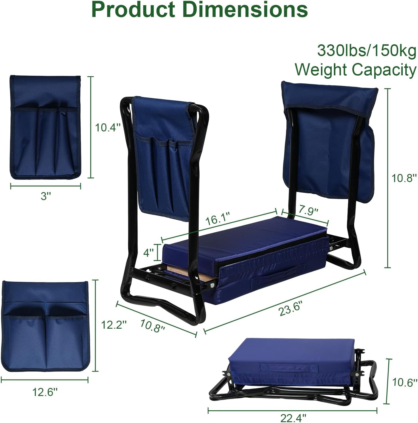 Garden Kneeler and Seat, Foldable Gardening Stool with 2 Tool Pouches and Kneeling Pad