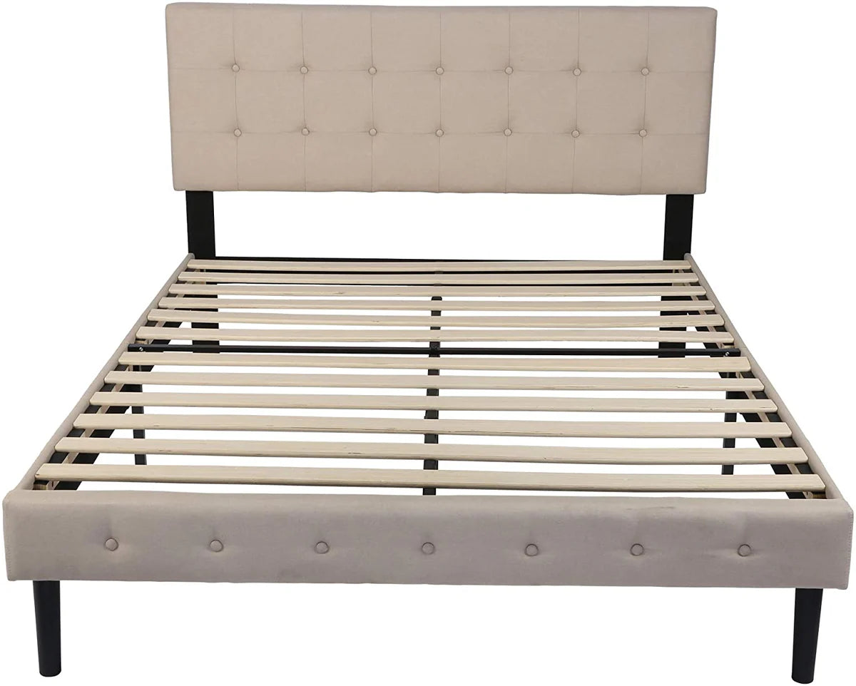 Upholstered Platform Bed Frame with Headboard Mattress Foundation with Wood Slat Support No Box Spring Needed Beige