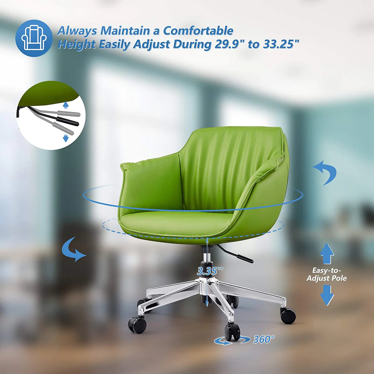 Adjustable Height Swivel PU Upholstered Modern Office Chair, Green，360° Swivel for Home & Office