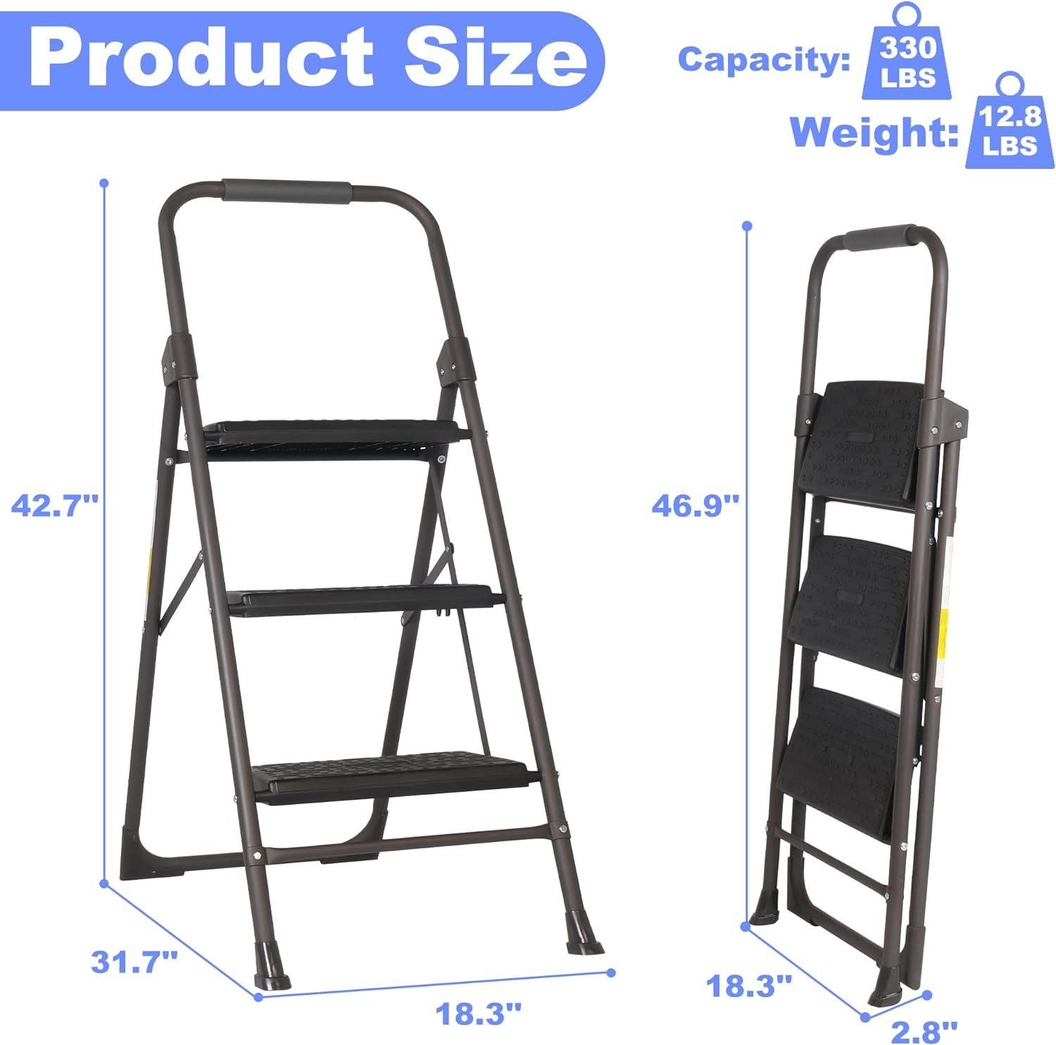 3 Step Ladder, Folding Step Stool for Adults with Handgrip Portable Lightweight Step Ladder