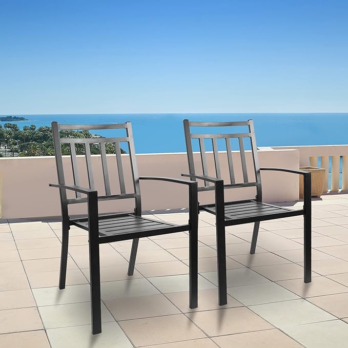 2 Sets of Metal Modern Chair with Armrests Simple Outdoor Lounge Chair, Black