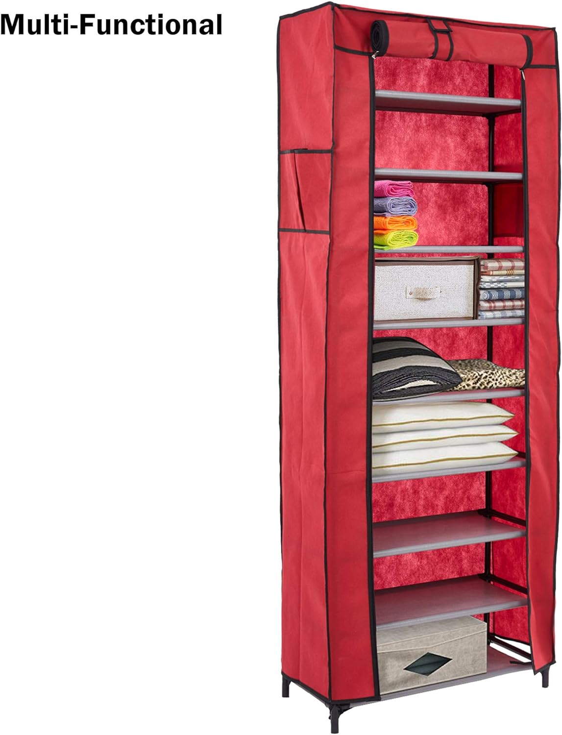 10 Tiers Shoe Rack with Dustproof Cover Shoes Storage Cabinet Boot Organizer Red